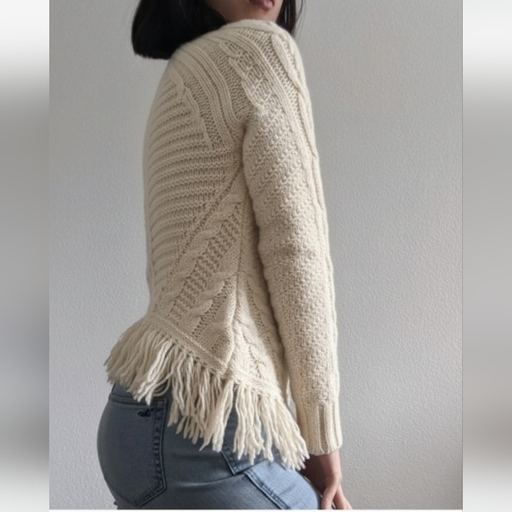 BANNANA REPUBLIC wool Aran cable knit sweater Fringe Fisherman Costal Ivory M